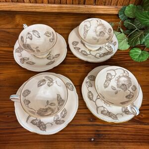 Castleton China Gloria Tea Cup Saucer Set 4 White Gray Blue Gold Good Vintage